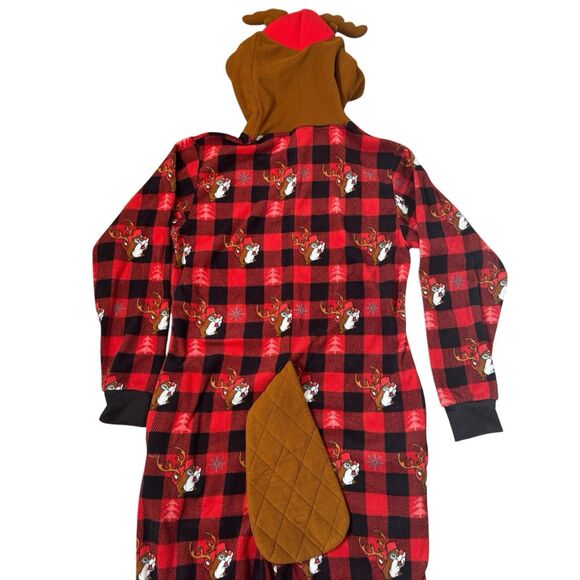Buc-ees Christmas One Piece Pajamas Size S/M Beaver Reindeer Plaid Hooded Zip Up - Picture 9 of 14